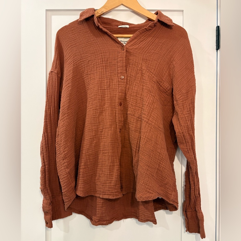 Abercrombie & Fitch - Oversized Gauze Button Down Shirt Rust Orange L EUC - Picture 3 of 5